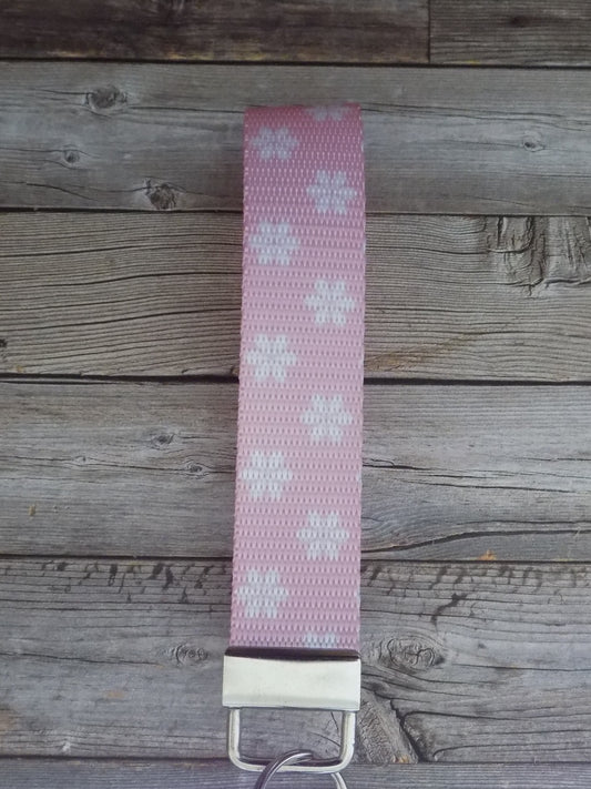 Keychain Wristlet - Mermaid Rainbow Pink with White Flowers