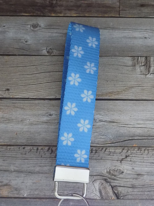 Keychain Wristlet - Mermaid Rainbow Blue with White Flowers